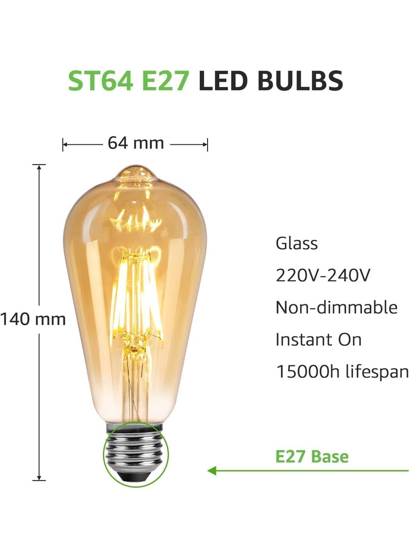 E27 Warm White 3000K LED Bulb, Amber Glass, LED Filament Bulb 4W ST64 Pack of 6 - Image 2