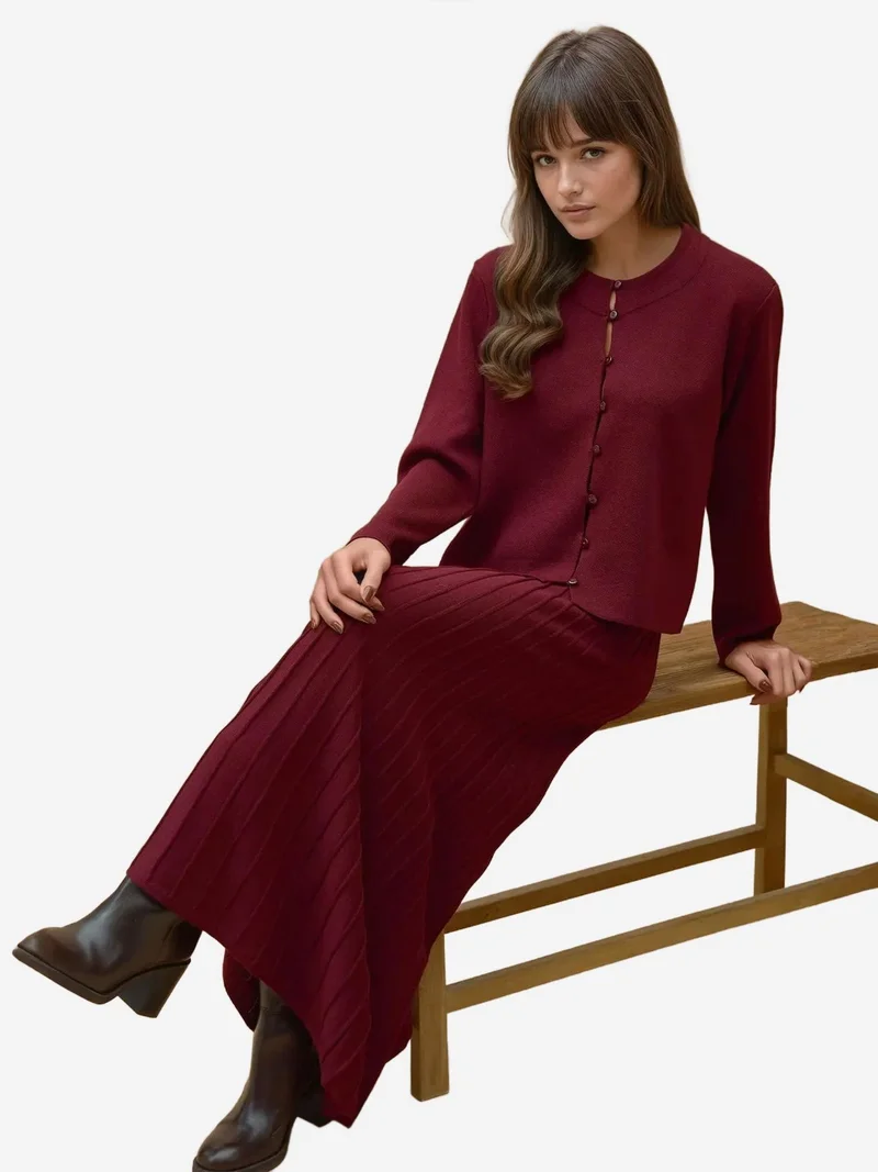 Textured Knit Co-Ord Set with Crew Neck Cardigan and Flared Skirt