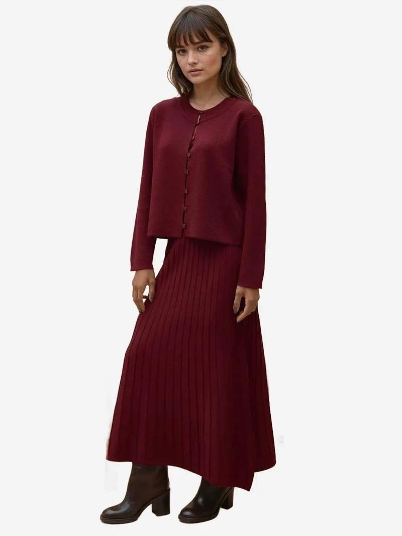 HICCUP Burgundy Red Textured Knit Co-Ord Set with Crew Neck Cardigan and Flared Skirt for Women | Best Price UAE
