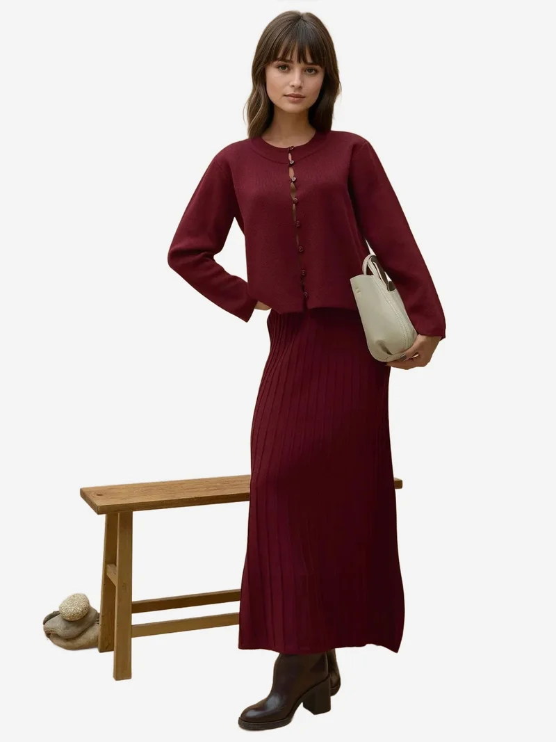 HICCUP Textured Knit Co-Ord Set with Crew Neck Cardigan and Flared Skirt