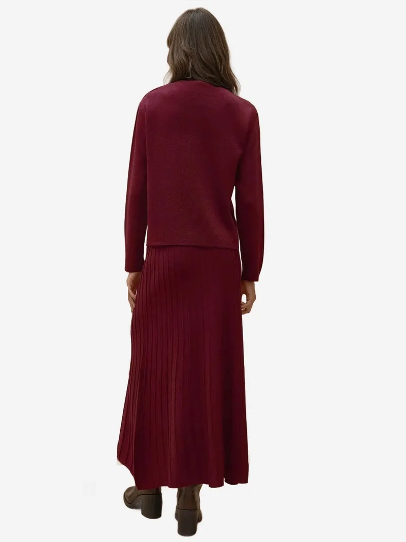 HICCUP Burgundy Red Textured Knit Co-Ord Set with Crew Neck Cardigan and Flared Skirt for Women | Best Price UAE