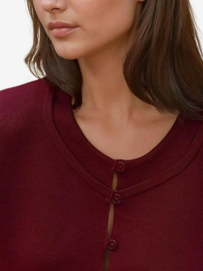 HICCUP Burgundy Red Textured Knit Co-Ord Set with Crew Neck Cardigan and Flared Skirt for Women | Best Price UAE