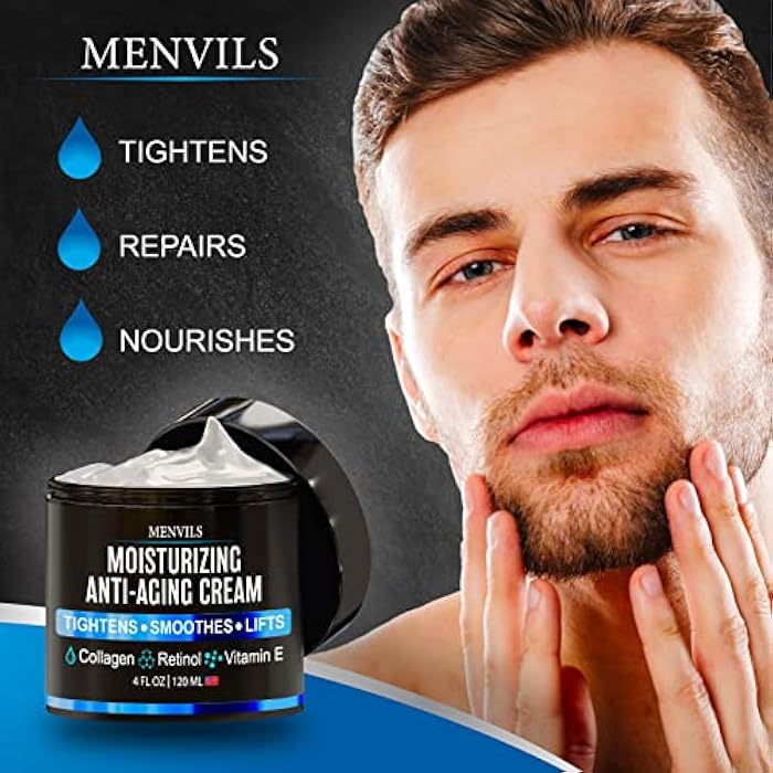 Menvils Mens Face Moisturizer Cream - Anti Aging & Wrinkle for Men with Collagen, Retinol, Vitamins E, Jojoba Oil - Face Lotion - Age Facial Skin Care - Eye Wrinkle - Day & Night - 4 oz - Image 2