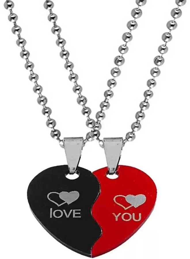 VIEN Valentine Special Couple Red & Black Dual Love you Heart Pendant Chain for Girls & Boys - Image 1