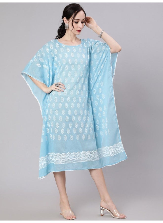 AKS Blue Hand Block Print Kaftan Dress - Image 3