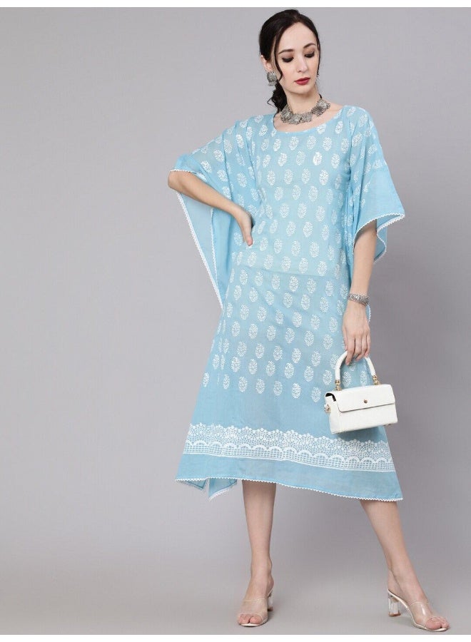 AKS Blue Hand Block Print Kaftan Dress - Image 1