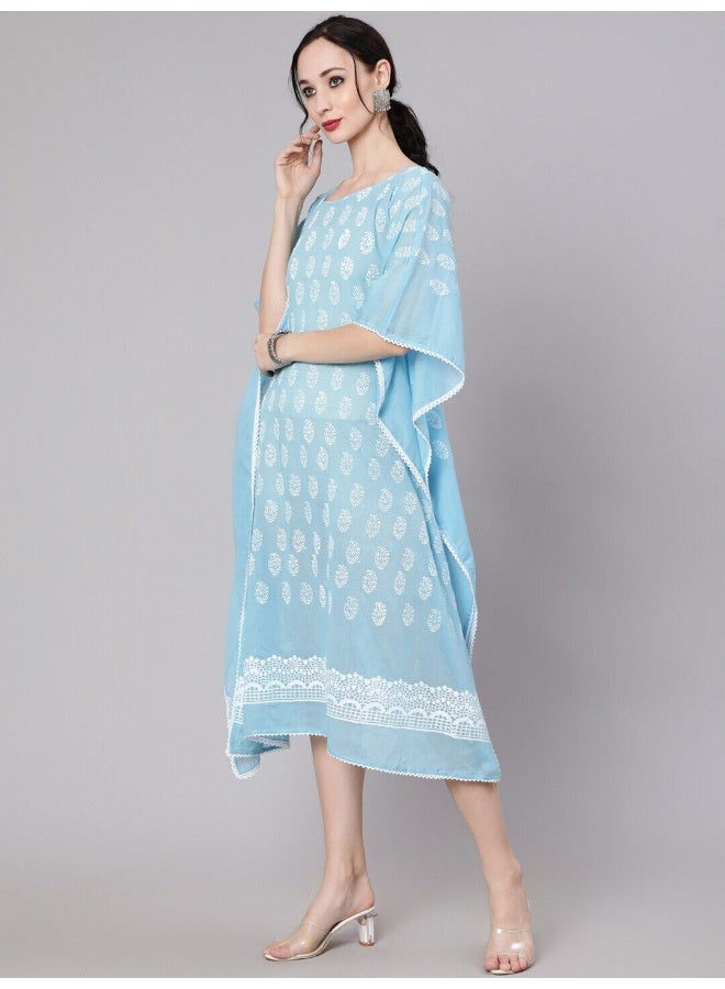 AKS Blue Hand Block Print Kaftan Dress - Image 5