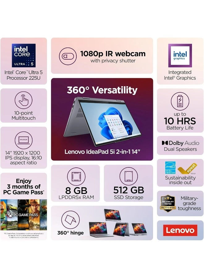 Lenovo Ideapad 5 Business Laptop With 14-Inch Full HD Display,Core™ Ultra 5 255U Processor/8GB RAM/512GB SSD/Intel UHD Graphics/Windows 11 Home (Upgraded Version) English/Arabic Luna Grey - Image 4