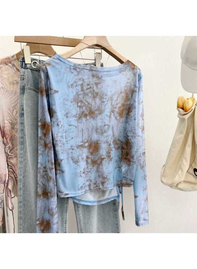 PLANDOO Millennial Style Retro Tie-Dye Mesh Base Shirt, Vacation Asymmetric Drawstring Long Sleeve Top With Design-Feel T-Shirt - Image 5