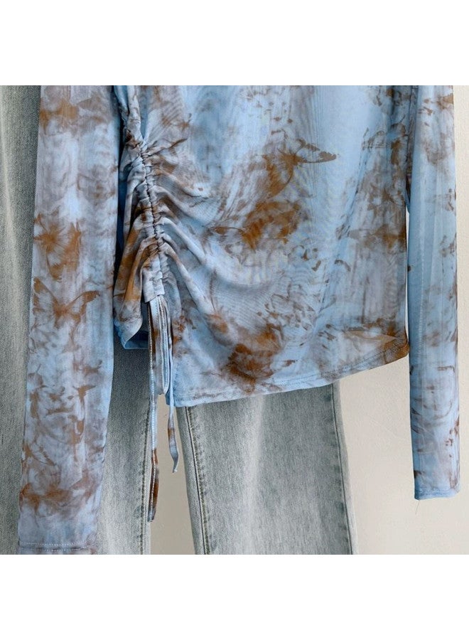 PLANDOO Millennial Style Retro Tie-Dye Mesh Base Shirt, Vacation Asymmetric Drawstring Long Sleeve Top With Design-Feel T-Shirt - Image 4