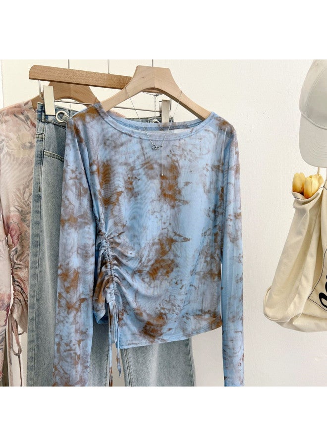 PLANDOO Millennial Style Retro Tie-Dye Mesh Base Shirt, Vacation Asymmetric Drawstring Long Sleeve Top With Design-Feel T-Shirt - Image 2
