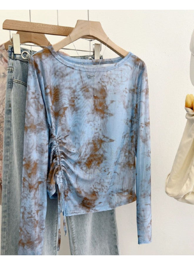 PLANDOO Millennial Style Retro Tie-Dye Mesh Base Shirt, Vacation Asymmetric Drawstring Long Sleeve Top With Design-Feel T-Shirt - Image 1