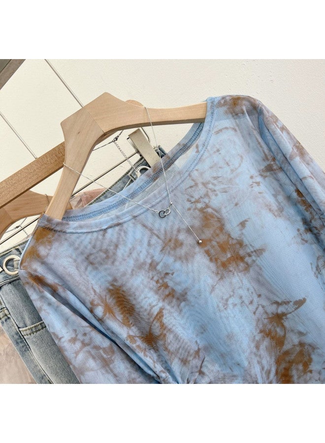 PLANDOO Millennial Style Retro Tie-Dye Mesh Base Shirt, Vacation Asymmetric Drawstring Long Sleeve Top With Design-Feel T-Shirt - Image 3