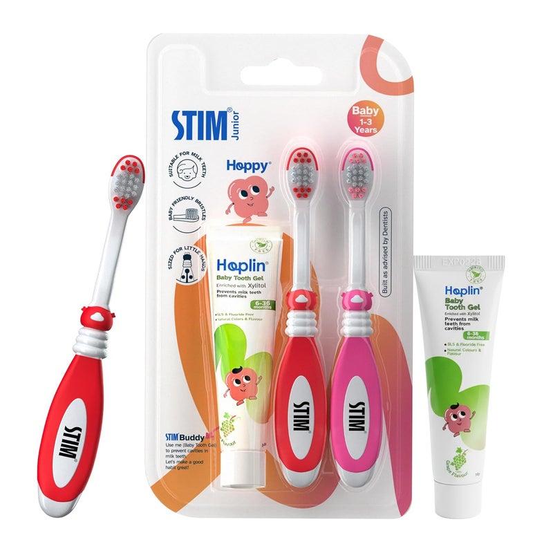 STIM Junior Baby Toothbrush | 1–3 Years | Ultra-Soft Baby Friendly Bristles | Safe & Gentle for Milk Teeth | Includes Safe-to-Swallow Toothpaste with Xylitol | Dentist Recommended | (2 Brushes) - Image 1