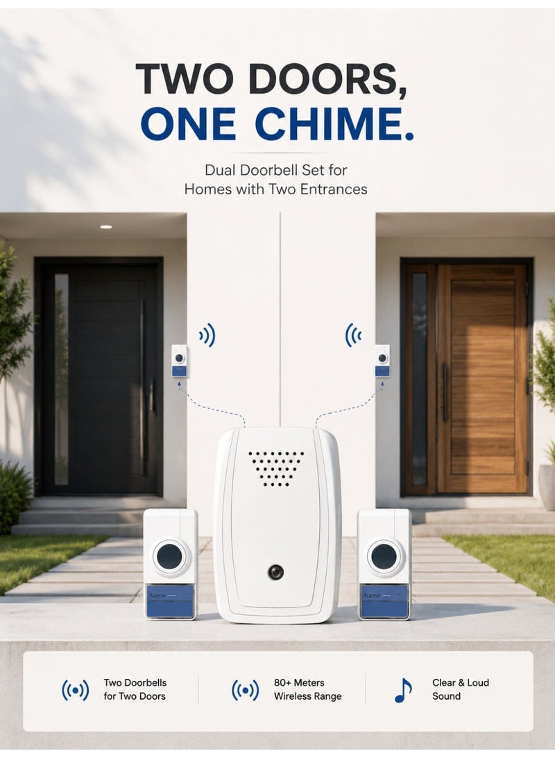 RL-3918B Dual Door Wireless Doorbell Kit with 2 Remote Buttons & 1 Chime Receiver – Perfect for Two Entrances, 1-Year Battery Life, 80+ Meters Long Range, IP44 Waterproof, Loud & Clear Sound, Easy Installation, Anti-Interference - Image 2