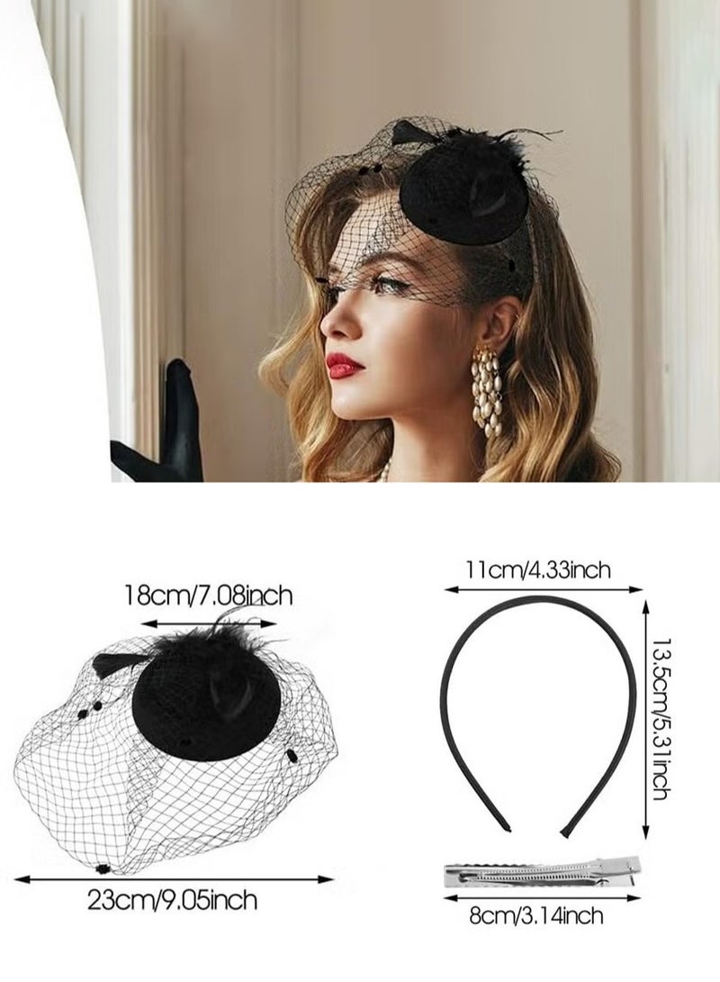 يا إلهي قبعة الخمسينيات من القرن العشرين ، ريش أشرطة شبكية على عصابة رأس وملابس رأس شاي مقطع ، أغطية رأس شاي مع الحجاب للفتيات والنساء (أسود) - Image 2