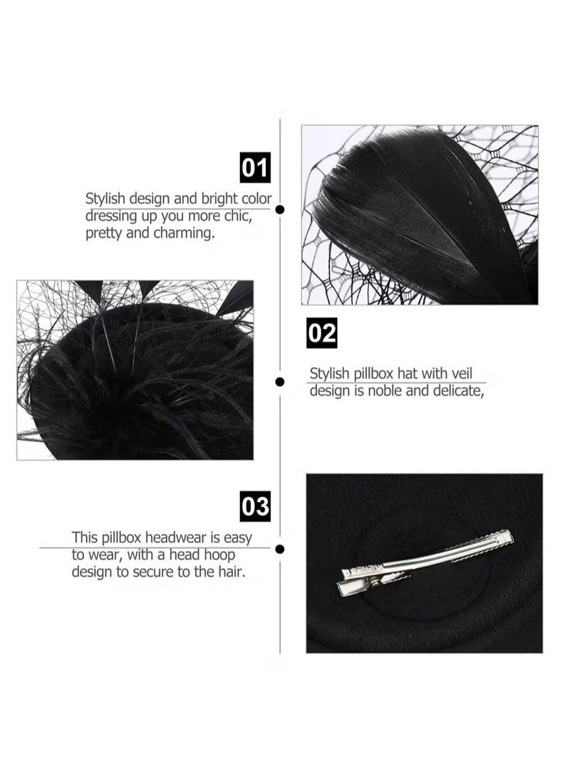 يا إلهي قبعة الخمسينيات من القرن العشرين ، ريش أشرطة شبكية على عصابة رأس وملابس رأس شاي مقطع ، أغطية رأس شاي مع الحجاب للفتيات والنساء (أسود) - Image 4