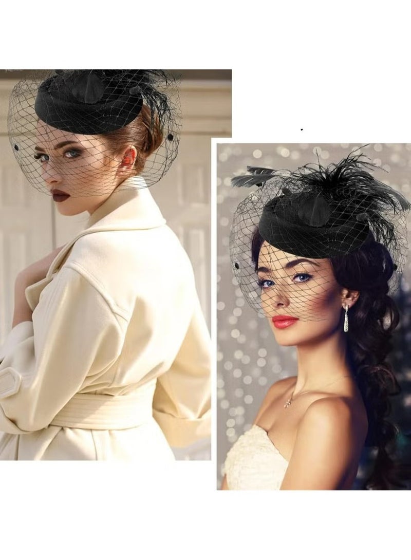 يا إلهي قبعة الخمسينيات من القرن العشرين ، ريش أشرطة شبكية على عصابة رأس وملابس رأس شاي مقطع ، أغطية رأس شاي مع الحجاب للفتيات والنساء (أسود) - Image 5