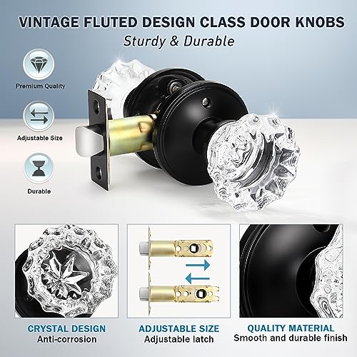 KNOBWELL Privacy Glass Door Knob Crystal Regency Fluted Door Knobset with Victorian Rosette in Matte Black, Bedroom Bathroom Door Knobs - Image 5