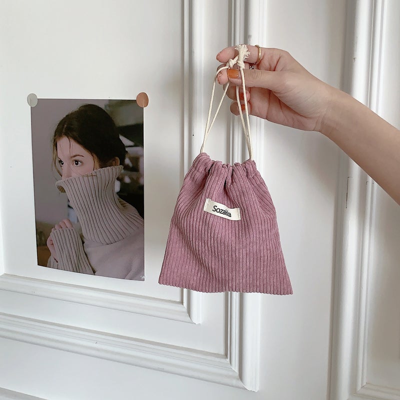Corduroy Pouch Drawstring Makeup Bag for Women Lotus root starch 