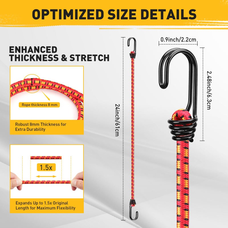 ELEAD 24" Elastic Bungee Cords with Hooks: 10 Pcs Bungee Cords Heavy Duty Outdoor, Bungie Cord Bundle Assortment with Metal Hook, Bungee Straps for Kayaking, Camping, Garage Storage - Image 2