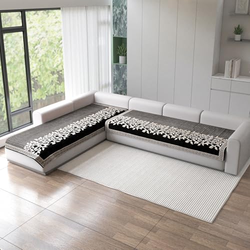 Nendle Superior Velvet Floral Sofa Mat 6 Seater Set Cover Durable Protector for Living Room Sofa Set 3+3, Suitable for L Shape, Sectional and U Shape Sofa (Black, Pack of 2) - Image 1