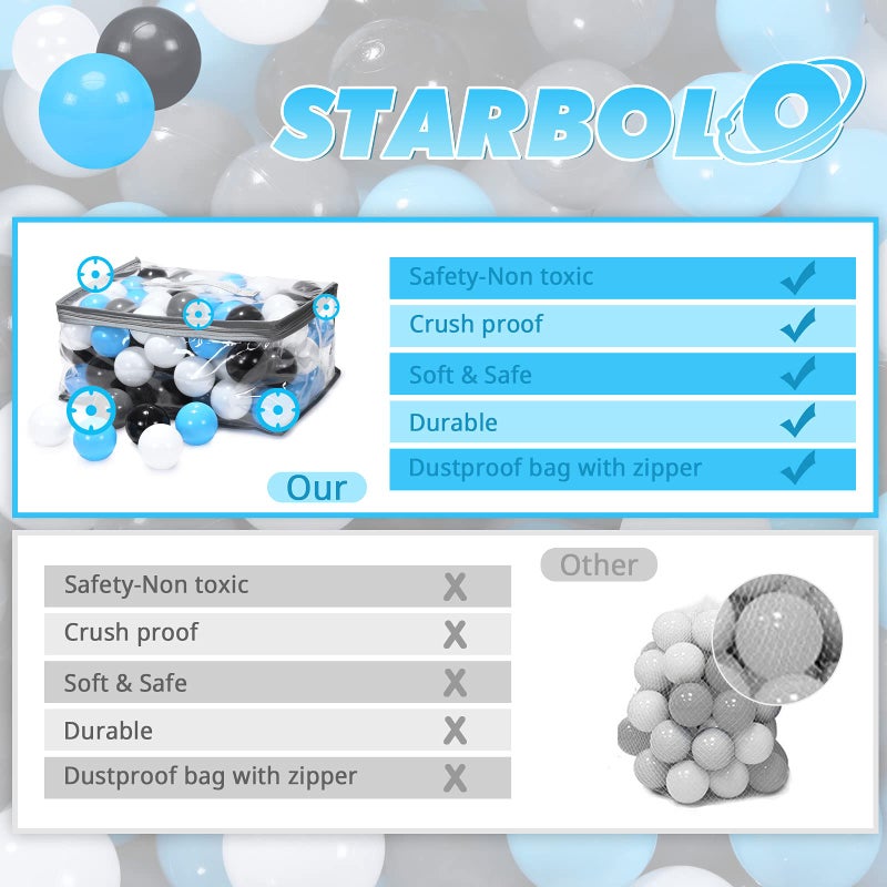 STARBOLO Ball Pit Balls - 100 Pieces BPA&Phthalate Free Non-Toxic Crush Proof Ball Play Balls Soft Plastic Balls Soft Plastic Ball for Toddlers Baby Kids (100 Balls-Blue+Black/Gray/White) - Image 5