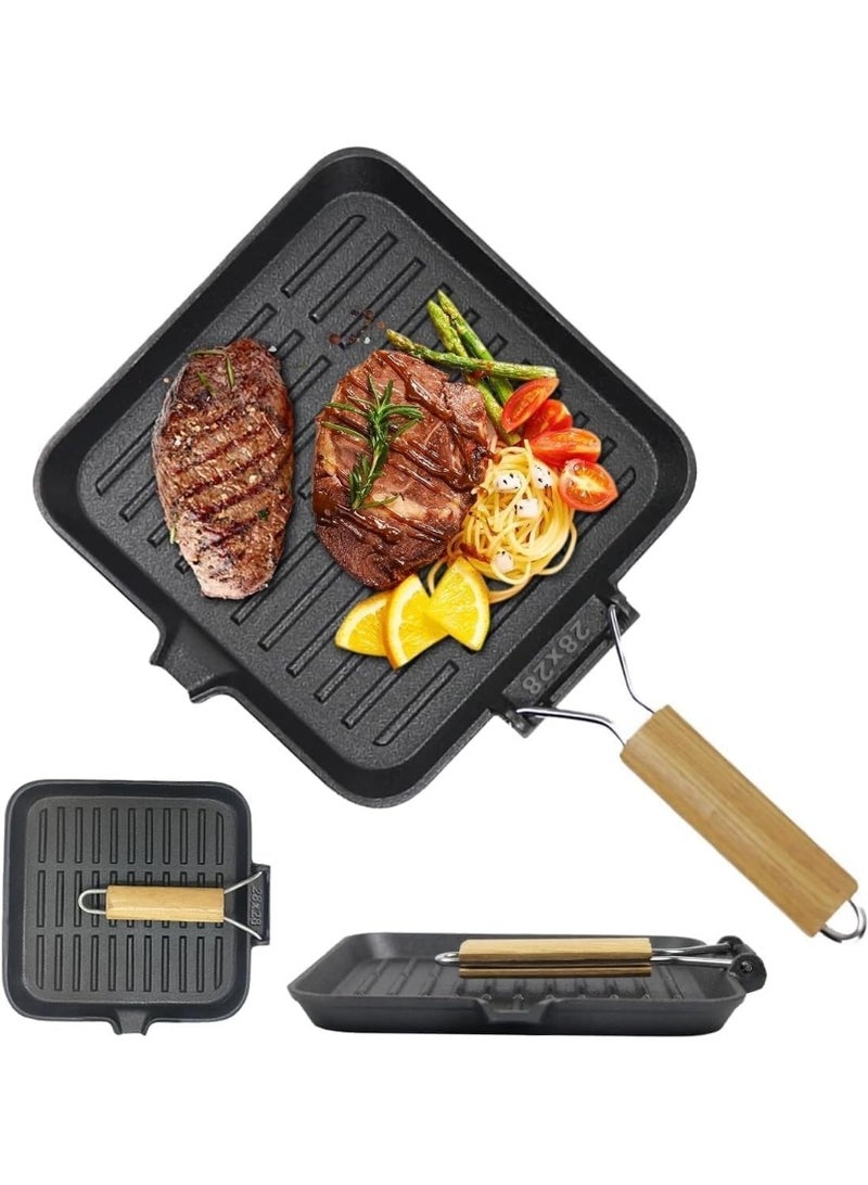 Relex Cast Iron Grill Pan Nonstick Steak Skillet, 24cm Pre-Seasoned Non-Stick Cast Iron Skillet Grill Pan with Foldable Handle for Gas Induction Electric Hobs and Oven Safe - Image 1