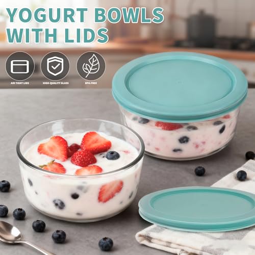 Piszvbej 2 Pack Glass Yogurt Containers with Lids, Reusable Yogurt Bowl with Lid, Large Capacity Make More without Waiting, Round Bowl Set with Lids, Wide Mouth, Ideal for Food Storage and Meal Prep - Image 2
