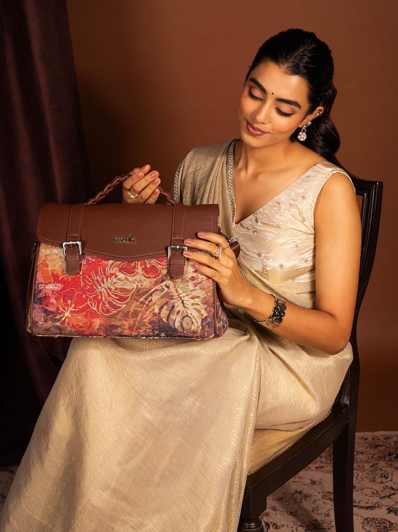 ZOUK Women's Konkona Heritage Satchel Bag | Jute | Vegan Leather Handcrafted With Detachable Sling Strap - Image 2