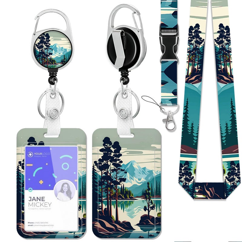 SKYDAWNY Mountain Tree ID Badge Holder with Lanyard,Forest Lake Lanyards for ID Badges,Retractable Badge Reel Heavy Duty,Vertical ID Card Protector Case for Women Teacher Office Gifts - Image 1