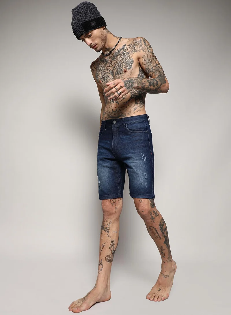 Campus Sutra  Men's Navy Blue Minimal Distressed Denim Shorts for Men | Best Price UAE