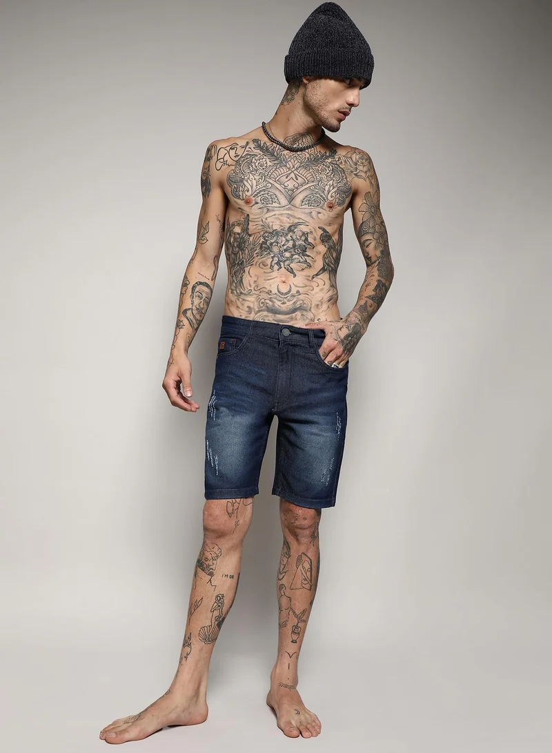 Campus Sutra Men's Navy Blue Minimal Distressed Denim Shorts