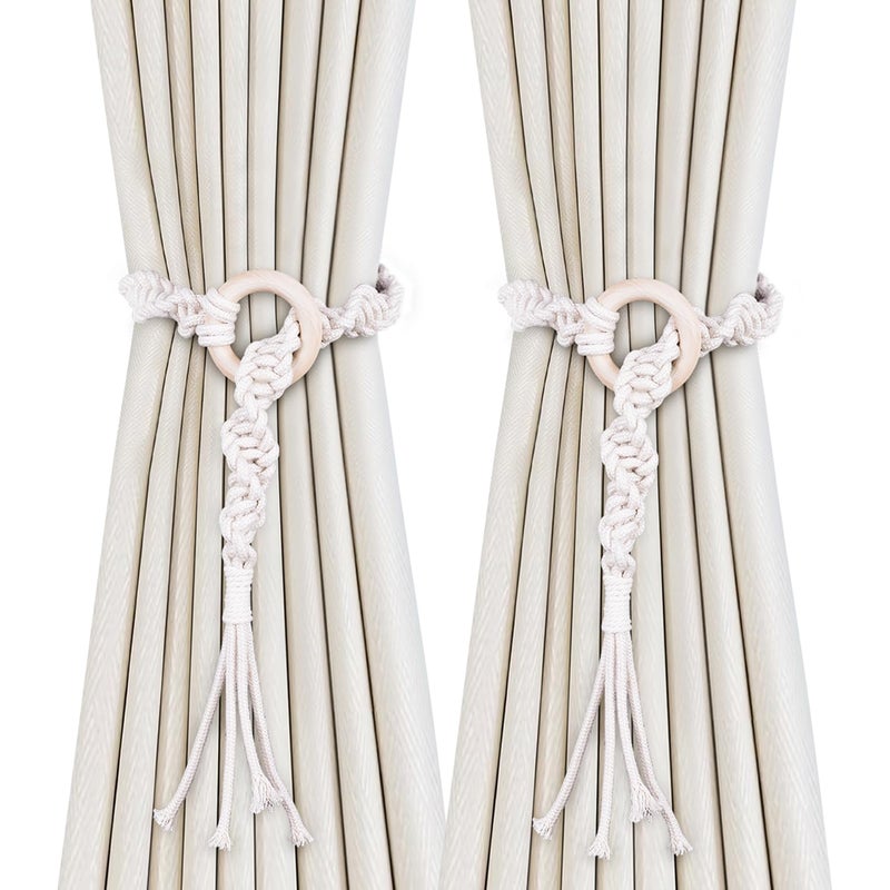 SRG Handmade Boho Curtain Tiebacks Hand Knitting Cotton Curtain Holdbacks with Adjustable Natural Wooden Rings Accessories Wall Decoration for Home Office - Image 1