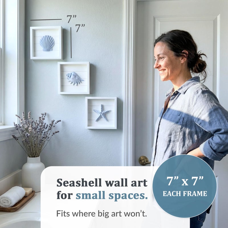 Tide and Tales TideAndTales Blue Seashells and Starfish (Framed Set of 3) Coastal 3D Wall Art, Beach Wall Decor for Bathroom or Coastal Bedroom, Ocean Inspired Seaside Decorations for Home or Beach House (7"x7") - Image 2