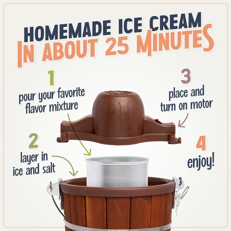 Nostalgia Electric Ice Cream Maker - Old Fashioned Soft Serve Ice Cream Machine Makes Frozen Yogurt or Gelato in Minutes - Fun Kitchen Appliance - Vintage Wooden Style - Dark Wood - 6 Quart - Image 3