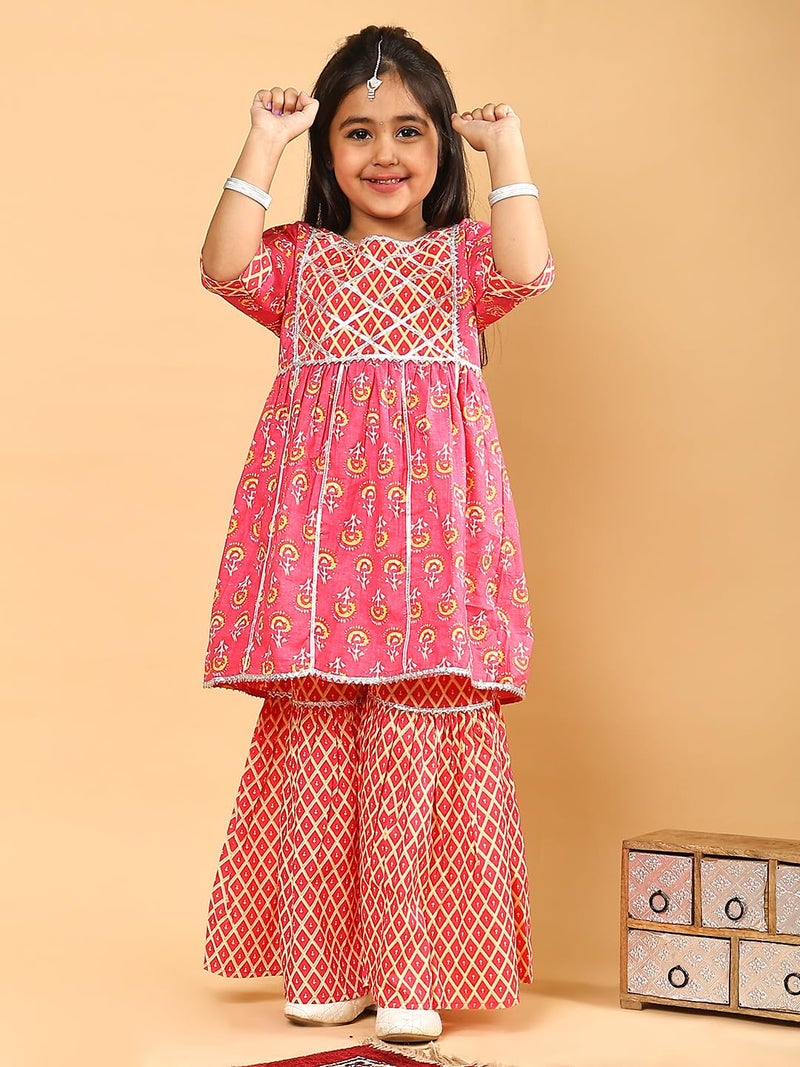 superminis Baby Girls Cotton Sanganeri Printed Frock Style Kurti with Printed Sharara Dress (2-3 Years, Light Pink) - Image 3