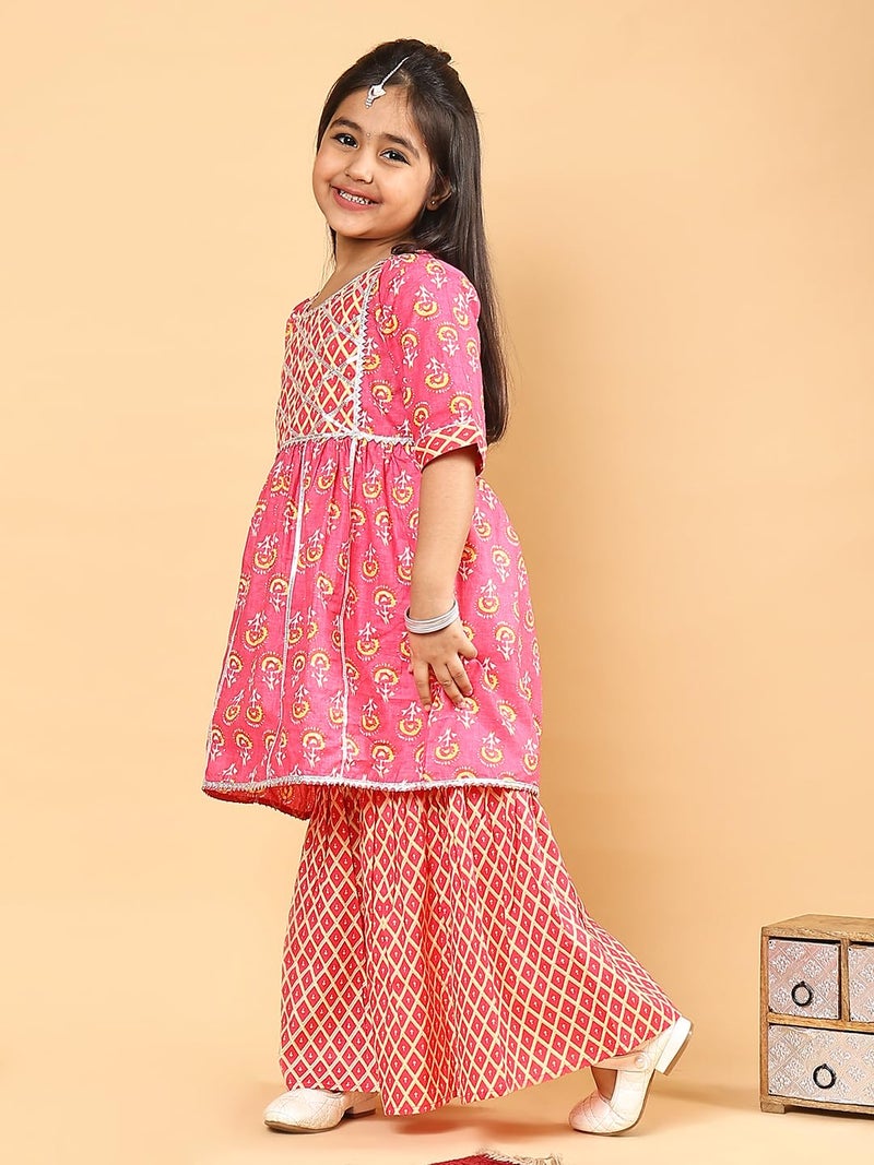 superminis Baby Girls Cotton Sanganeri Printed Frock Style Kurti with Printed Sharara Dress (2-3 Years, Light Pink) - Image 2