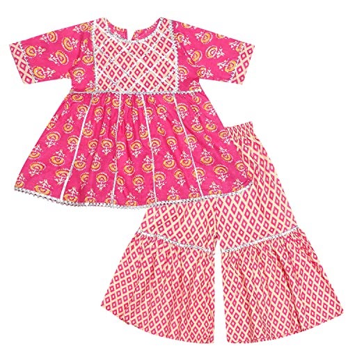 superminis Baby Girls Cotton Sanganeri Printed Frock Style Kurti with Printed Sharara Dress (2-3 Years, Light Pink) - Image 1