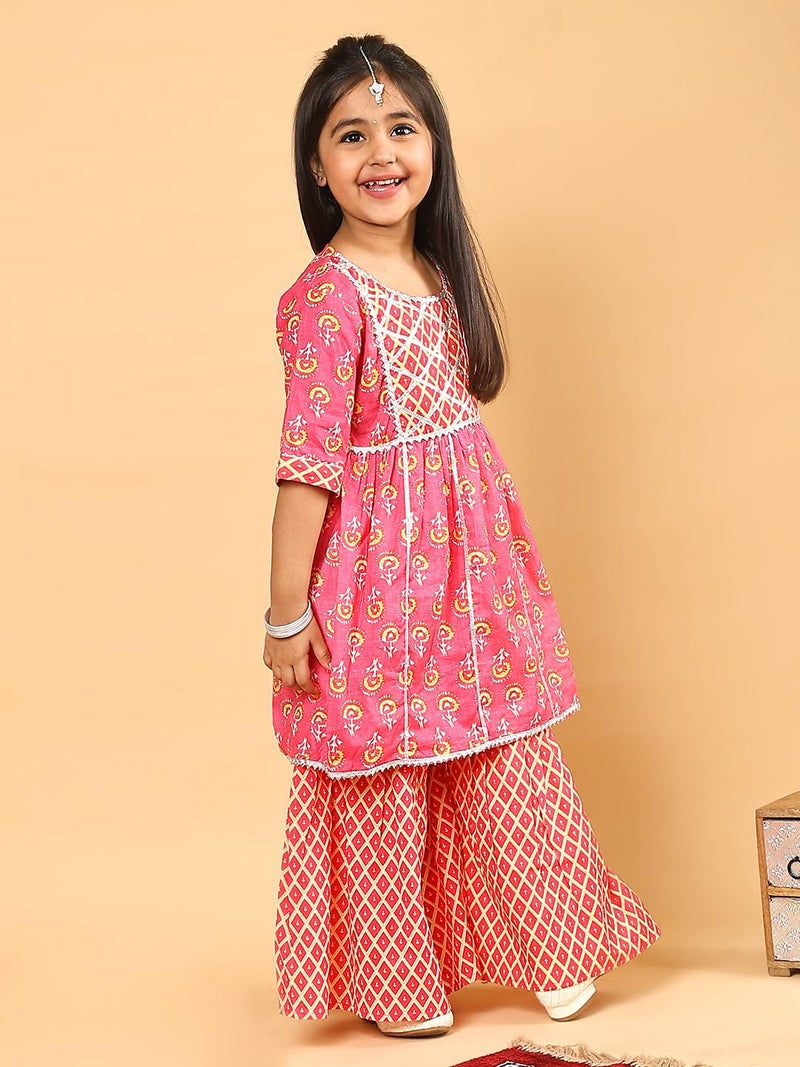 superminis Baby Girls Cotton Sanganeri Printed Frock Style Kurti with Printed Sharara Dress (2-3 Years, Light Pink) - Image 5