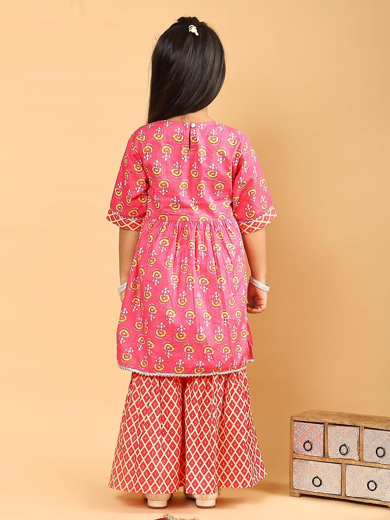 superminis Baby Girls Cotton Sanganeri Printed Frock Style Kurti with Printed Sharara Dress (2-3 Years, Light Pink) - Image 4