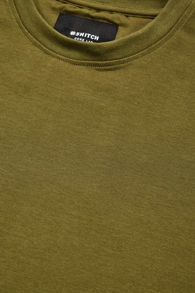 SNITCH Core Lab Olive Solid Slim Fit T-Shirt