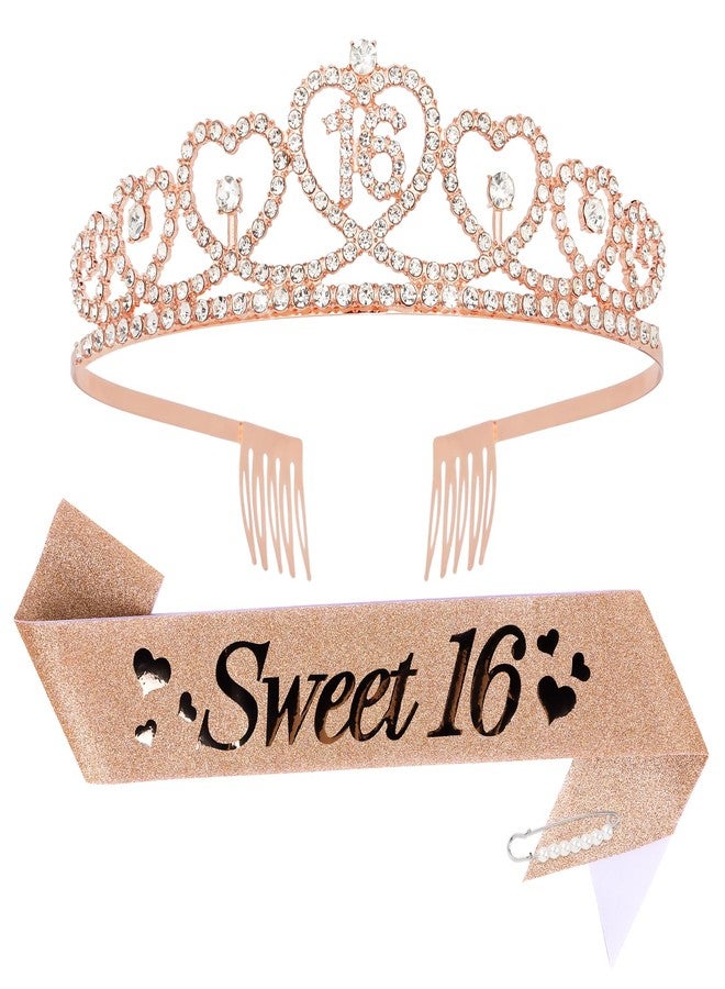 Amariver 16th Birthday Crown and Sash for Girls Sweet 16 Birthday Decoration 16th Rose Gold Tiara and Sweet 16 Glitter Sash 16th Party Supplies - Image 1