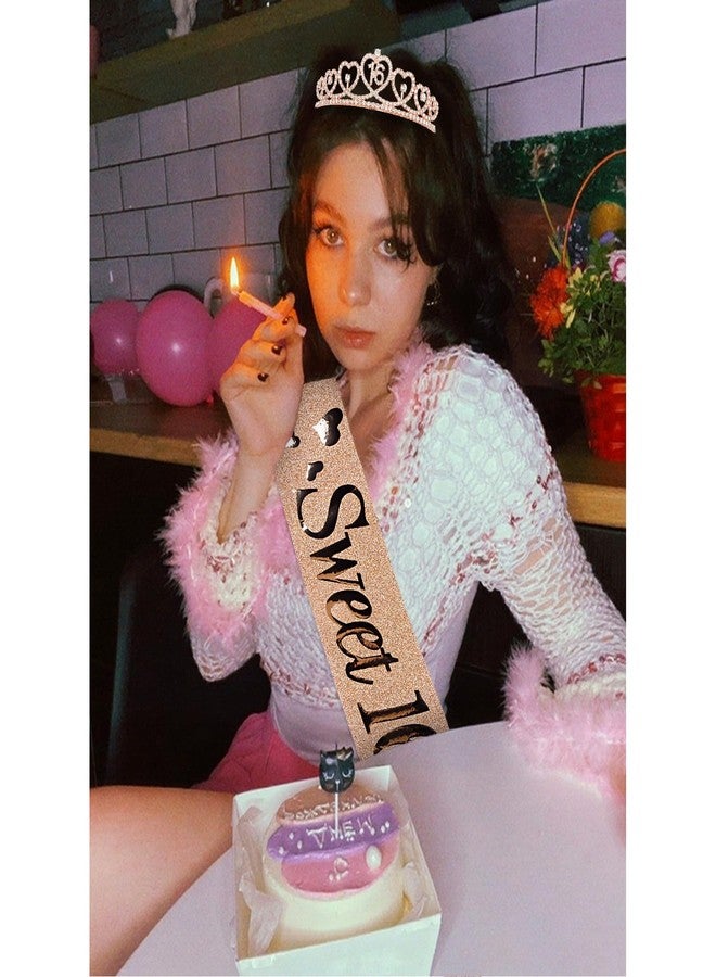 Amariver 16th Birthday Crown and Sash for Girls Sweet 16 Birthday Decoration 16th Rose Gold Tiara and Sweet 16 Glitter Sash 16th Party Supplies - Image 4