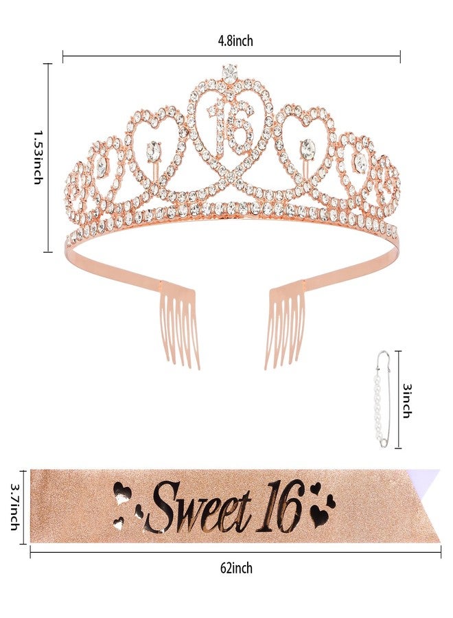 Amariver 16th Birthday Crown and Sash for Girls Sweet 16 Birthday Decoration 16th Rose Gold Tiara and Sweet 16 Glitter Sash 16th Party Supplies - Image 2