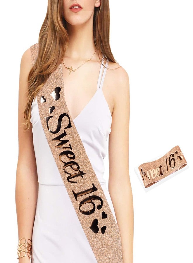 Amariver 16th Birthday Crown and Sash for Girls Sweet 16 Birthday Decoration 16th Rose Gold Tiara and Sweet 16 Glitter Sash 16th Party Supplies - Image 3