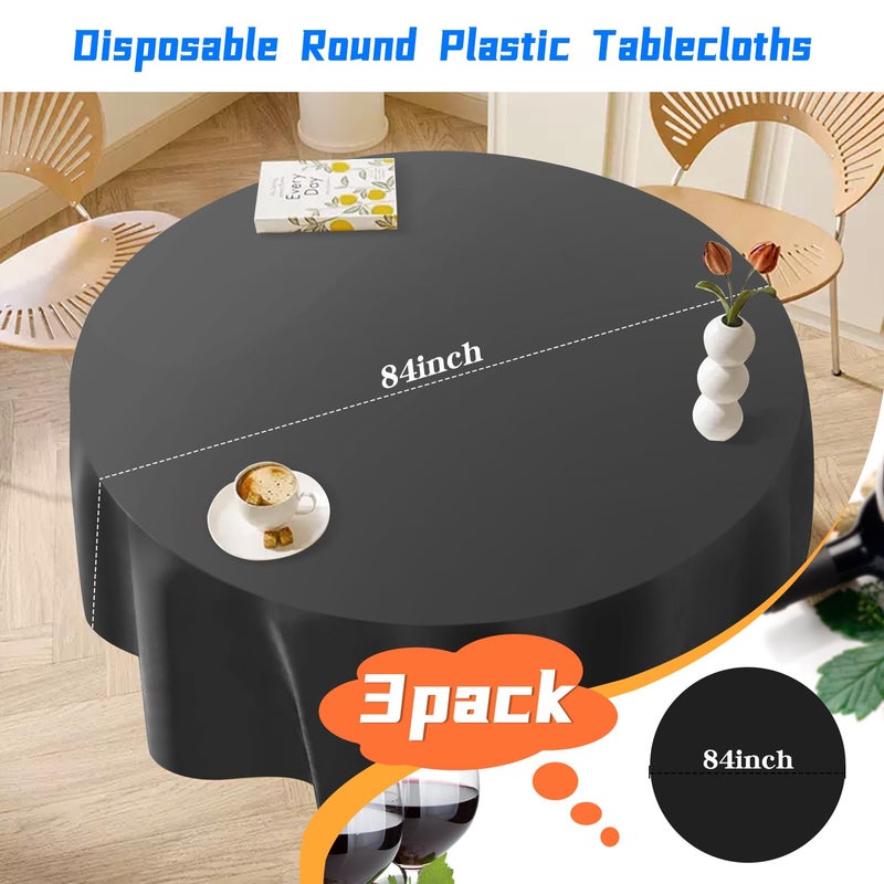 YSYJ 3 Pack Black Plastic Tablecloth Disposable Round Table Cloth 84 Inch Table Cover for Parties - Image 2