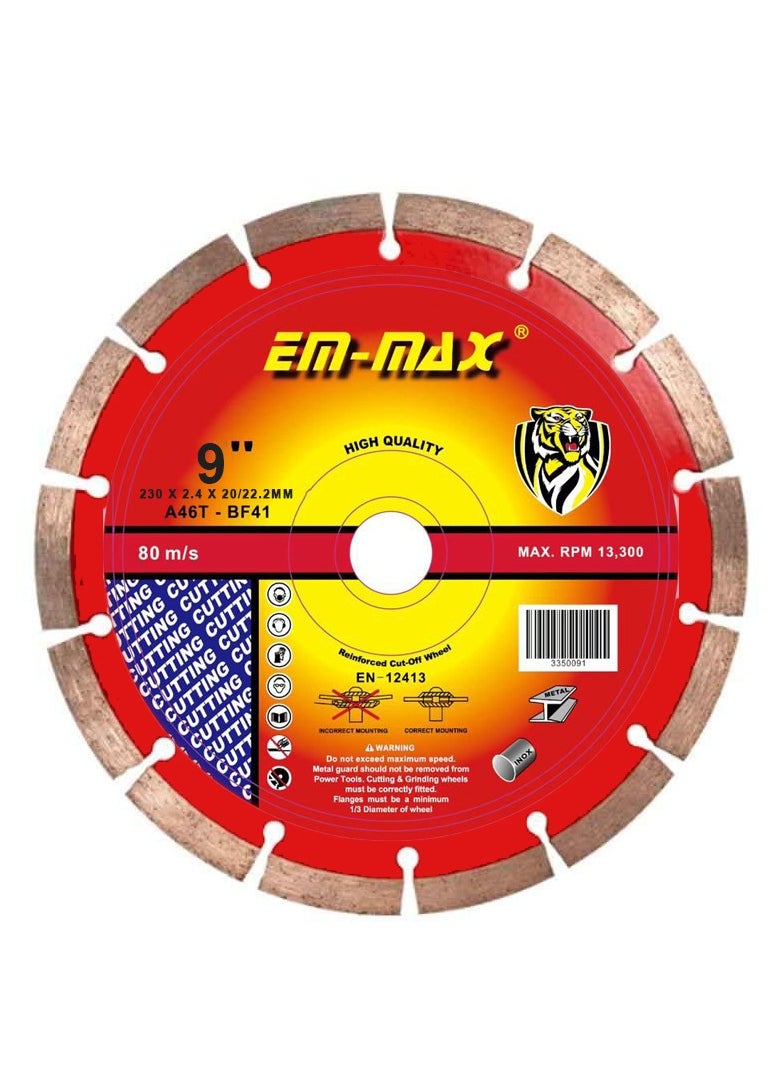 إي إم - قرص قطع الماس 9 بوصه من Em-max بشفرة مجلفنة لقطع وطحن الجرانيت والرخام والبلاط والأحجار الطبيعية - Image 1