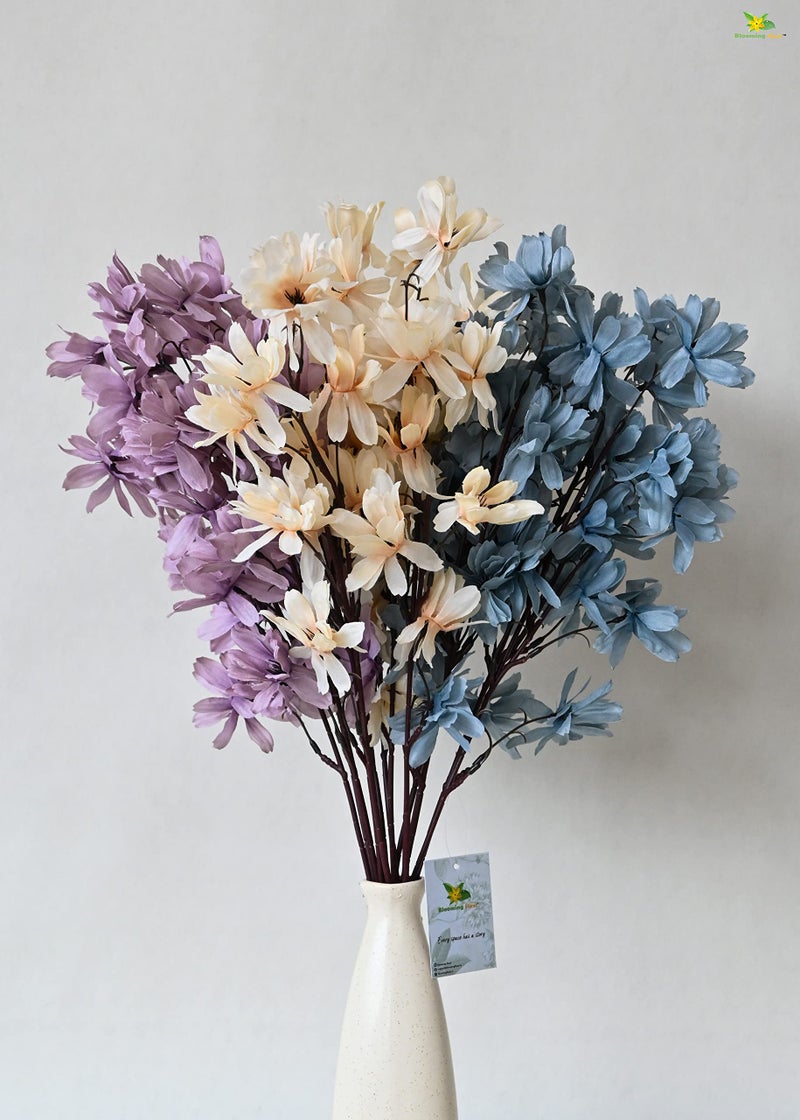 Blooming Floret Artificial Magnolia Kobus Natural Looking Flower Bunch for Home and Office Décor/Gift (Off White + Blue + Purple), Artificial Flora - Image 1