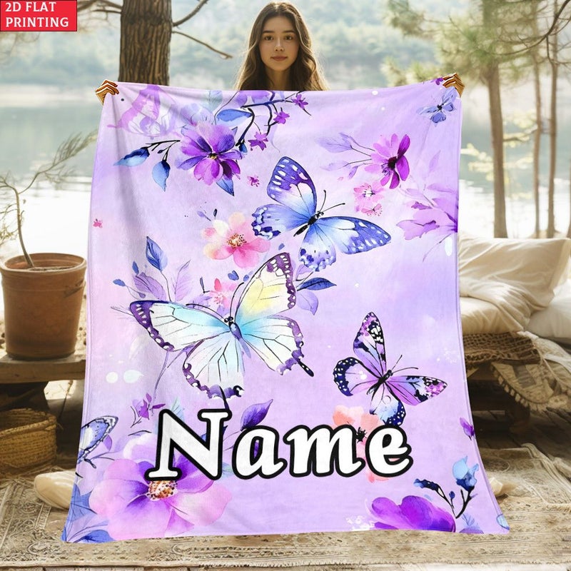 Personalized Purple Butterfly Flower Blanket 130x150cm Soft Lightweight Travel - Image 1